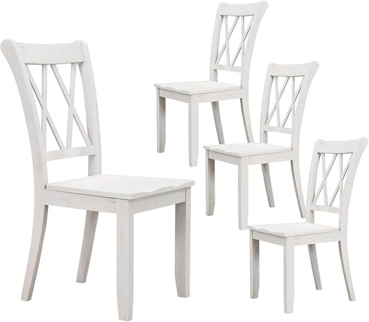 SIMOE Set of 4 Wooden Dining Chairs, Mid Century Farmhouse Kitchen Chairs, Solid Rubberwood Armless Side Chairs with High Back, Ergonomic Seats for Dining Room Living Room, White
