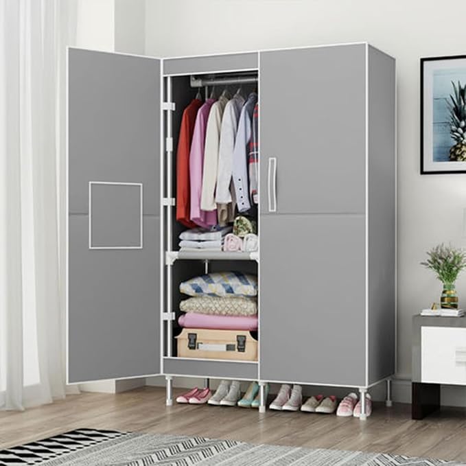 Portable Closet Clothes Organizer 34in Simple Non-Woven Fabric Wardrobe Closet Multi-Functional Clothes Storage Cabinet with Cover and Clothes Hanging Rod-Gray