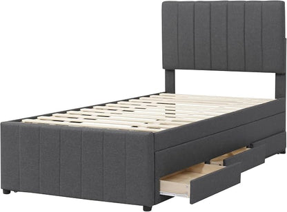 Twin Size Bed Frame with Trundle Bed and Storage Drawers,Linen Upholstered Bed Frame,Twin Size Trundle Bed with Adjustable Headboard,Upholstered Platform Bed Twin for Kids Teens Adults,Gray
