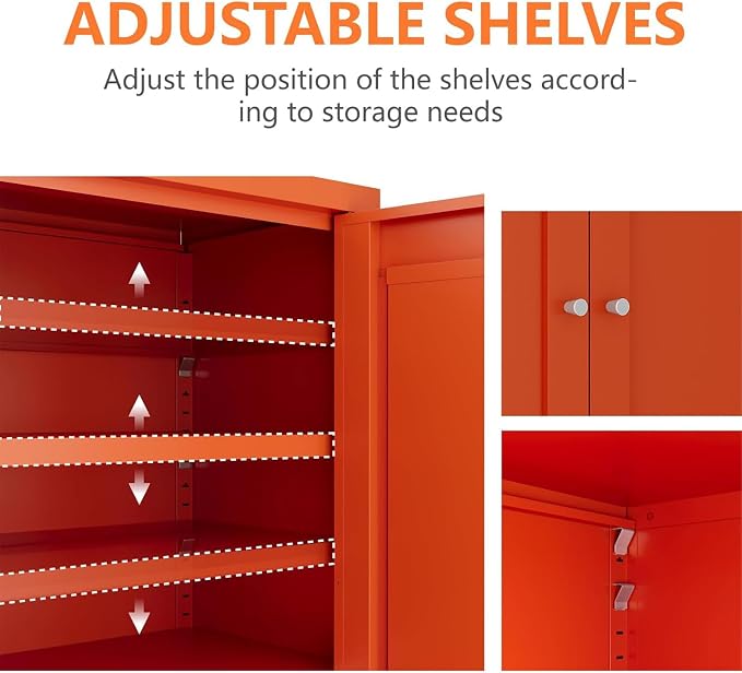 Metal Bathroom Cabinet, Small Floor Storage Cabinet, Freestanding Sideboard with 2 Adjustable Shelves for Living Room, Dining Room, Kitchen (Orange, 31.5" H-2 Doors)