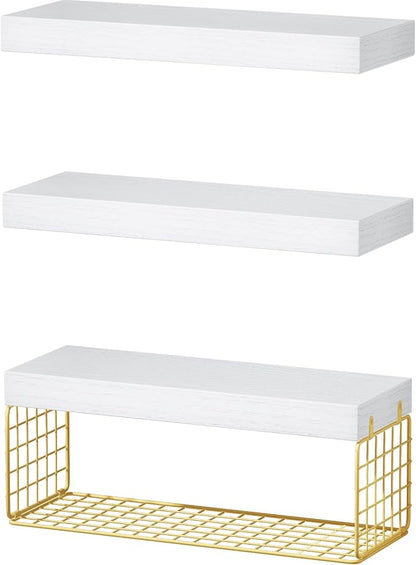 QEEIG Bathroom Shelves Over Toilet - Wall Mounted Floating Shelves Toilet Paper Storage Small Modern Decor Shelf 16 inch Set of 3, White and Gold (019-WG3)