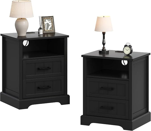 ChooChoo Farmhouse Night Stands with Charging Station, Wood Nightstand Set of 2 with 2 Drawers, Bedside Table with Open Storage Shelf for Bedroom, Black