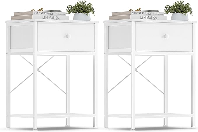 SONGMICS Bedside Table, Side Table with Drawer, Nightstand with Lower Shelf, for Bedroom, Living Room, 11.8 x 15.6 x 23.8 inches, Set of 2, Cloud White, BELLAH Collection ULGS111W101S