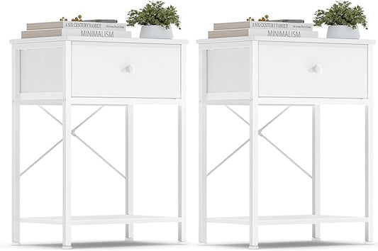 SONGMICS Bedside Table, Side Table with Drawer, Nightstand with Lower Shelf, for Bedroom, Living Room, 11.8 x 15.6 x 23.8 inches, Set of 2, Cloud White, BELLAH Collection ULGS111W101S