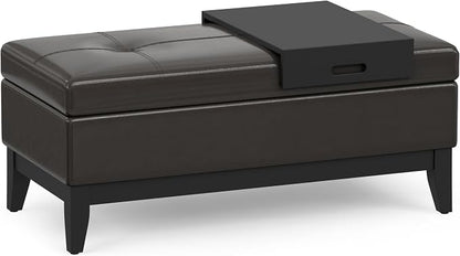 SIMPLIHOME Oregon Storage Ottoman Bench with Tray - 42 inch Wide Upholstered Vegan Leather Rectangle Ottoman Bench in Tanners Brown, Transitional Tufted Ottoman for Living Room with Lift-Up Lid