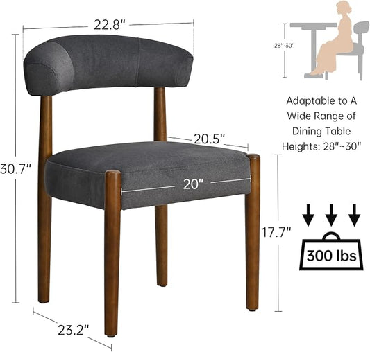 VKNOW Wooden Dining Chairs Set of 4, Modern Upholstered Dining Room Chairs with Walnut Wood Legs and Curved Backrest, Fabric Kitchen Chairs for Farmhouse/Living Room/Dining Room, Charcoal