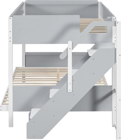 Wood Bunk Bed Full XL Over Queen with Staircase and Side Shelves | Light Strip Included, Striped-Design Stairs, Kids Teens Adults, Space-Saving Design, Versatile Bed Frame