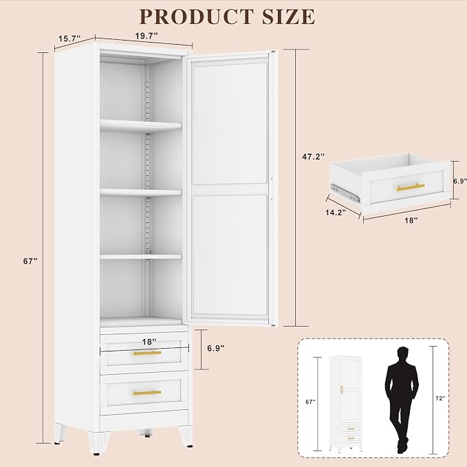 Tall Metal Narrow Storage Cabinet 67" H with 2 Drawer, White Pantry Cabinets with 2 Adjustable Shelves and Door,Tall Bathroom Cabinet for Kitchen, Home Office, Living Room, Dining Room