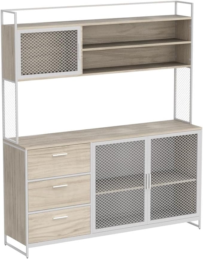 AIEGLE Large Kitchen Hutch Storage Cabinet, Pantry Cabinets with Hutch, Metal Frame Cupboard with Mesh Door, Drawer & Microwave Shelf, Freestanding Kitchen Storage, Beige (59" W x 15.7" D x 68.5" H)