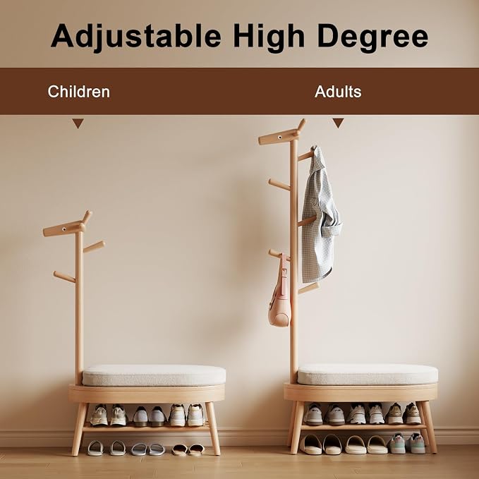 AQIMUELE Shoe Rack with Coat Rack, Wooden Shoe Bench with Upholstered Cushion, 3-in-1, 2-Tier Shoe Storage and Cute Animal Hooks for Entryway, Hallway, Closet (Natural 32.2")