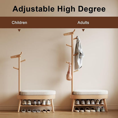 AQIMUELE Shoe Rack with Coat Rack, Wooden Shoe Bench with Upholstered Cushion, 3-in-1, 2-Tier Shoe Storage and Cute Animal Hooks for Entryway, Hallway, Closet (Natural 32.2")