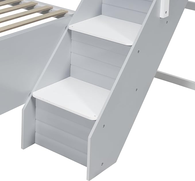 Wood Bunk Bed Full XL Over Queen with Staircase and Side Shelves | Light Strip Included, Striped-Design Stairs, Kids Teens Adults, Space-Saving Design, Versatile Bed Frame