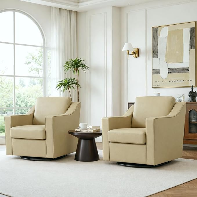 Swivel Accent Chairs Set of 2, 360° Swivel Upholstered Faux Leather Club Armchairs for Living Room, Comfy Single Sofa Reading Chair with Deep Seat, Metal Swivel Base, Cream