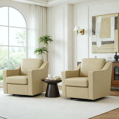 Swivel Accent Chairs Set of 2, 360° Swivel Upholstered Faux Leather Club Armchairs for Living Room, Comfy Single Sofa Reading Chair with Deep Seat, Metal Swivel Base, Cream