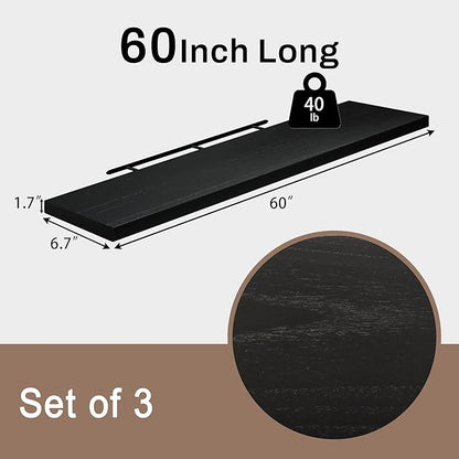 Floating Shelves for Wall, 60 Inch Extra Long Black Wall Shelves, Set of 3, Hanging Invisible Brackets Floating Shelves for Living Room,Bedroom,and Kitchen