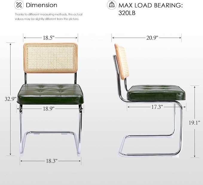 Zesthouse Natural Rattan Dining Chairs Set of 6, Mid Century Modern Dining Room Chairs with Chrome Leg, Faux Leather Kitchen Chair with Solid Wood Back & Cane Mesh, Breuer Cesca Design Inspired, Green