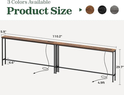 SUPERJARE 110.2 Inch Sofa Table with Power Outlets and USB-C Ports, 5.9 Inch Narrow Console Tables, Entryway Hallway Couch Tables with Storage, Behind Sofa, Living Room, Rustic Brown, AST046Z