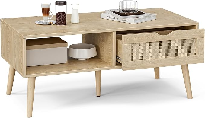 ZttRiee Rattan Coffee Table with Drawer, Boho, Natural | 39.4"L x 19.7"W x 16.9"H, 220 lbs capacity, 1 rattan drawer & open compartments, solid wood legs, ~30 min assembly