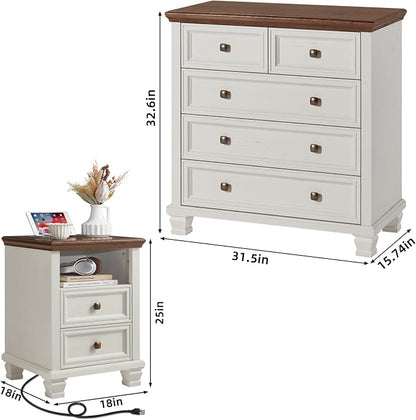 SAVOR LIFE Farmhouse Dresser and Nightstand Sets of 3, 5 Drawer Dresser & 2 Drawer Nightstand, Rustic White Bedroom Furniture Set for Home, Bedroom, Hallway, White