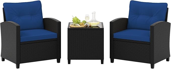 Tangkula 3 Piece Patio Furniture Set, Rattan Conversation Set w/Soft Seat & Back Cushions, Tempered Glass Topped Coffee Table, Cushioned Wicker Seating Set for Backyard, Porch, Poolside