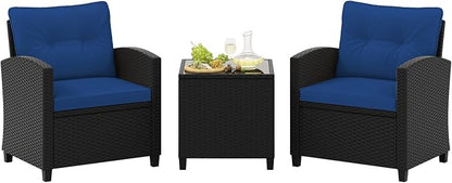 Tangkula 3 Piece Patio Furniture Set, Rattan Conversation Set w/Soft Seat & Back Cushions, Tempered Glass Topped Coffee Table, Cushioned Wicker Seating Set for Backyard, Porch, Poolside