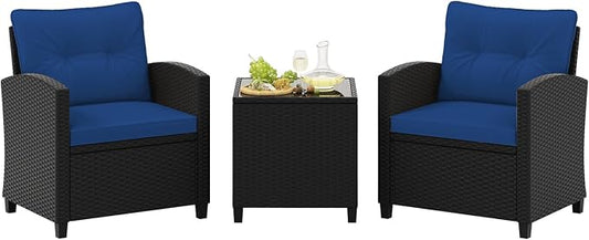 Tangkula 3 Piece Patio Furniture Set, Rattan Conversation Set w/Soft Seat & Back Cushions, Tempered Glass Topped Coffee Table, Cushioned Wicker Seating Set for Backyard, Porch, Poolside