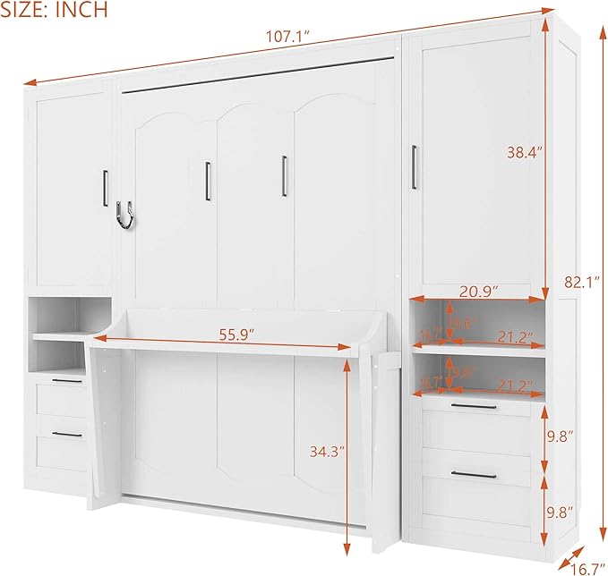Merax Full Size Murphy Bed with Desk, Closet, Drawers and Shelves, Multifunctional Foldable Wood Platform Bed Frame for Small Spaces Studio Study Office Guest Room, Space-Saving Design, White
