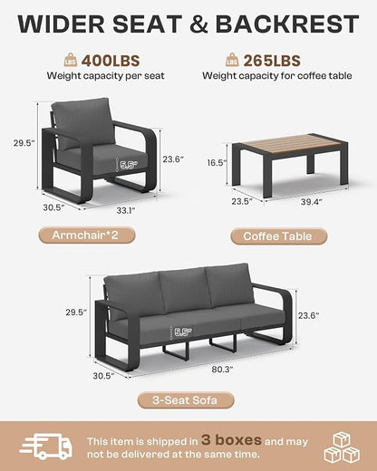 Oversized Aluminum Outdoor Furniture Set, Extra Large Patio Furniture Sofa Set 4.8” Widened Armrest & Ultra-Thick Cushions, 4 Pcs Modern Patio Sectional for Backyard, Porch, Graphite