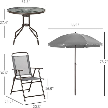 Outsunny 6 Piece Patio Dining Set for 4 with Umbrella, Outdoor Table and Chairs with 4 Folding Dining Chairs & Round Glass Table for Garden, Backyard and Poolside, Gray