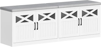Hzuaneri 2 Tier Shoe Storage Bench with Doors, 59" Farmhouse Shoe Bench with Padded Cushion, 12-16 Pairs of Bed End Bench, Entryway Bench with Storage for Bedroom, Living Room, White SB61503X
