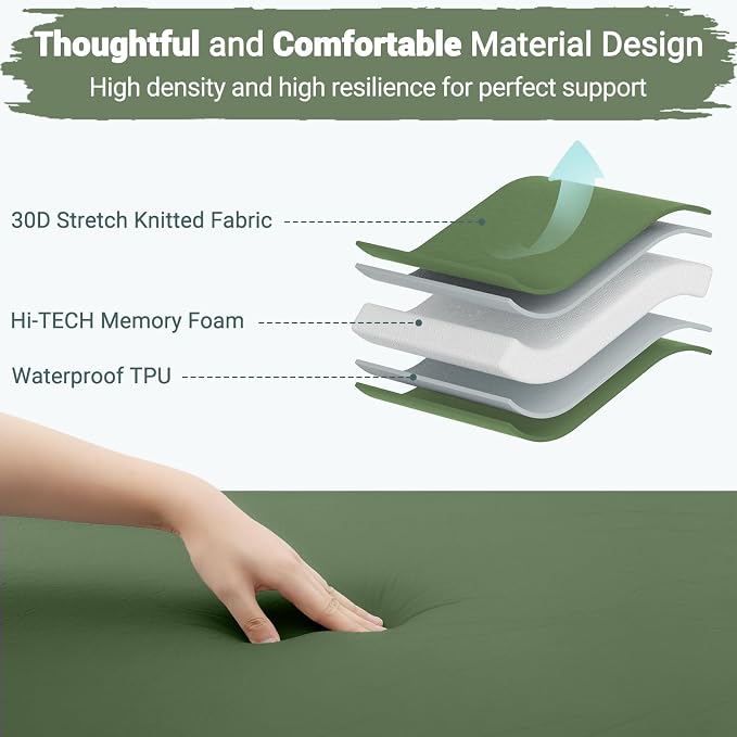 Elegear CumbreX™ Self Inflating Sleeping Pad, Built-in Electric Pump 3.15" Ultra-Thick Memory Foam Camping Mattress with Pillow Sleeping Pad for Camping R-Value 9.5 Foam Camping Pad Army Green Single