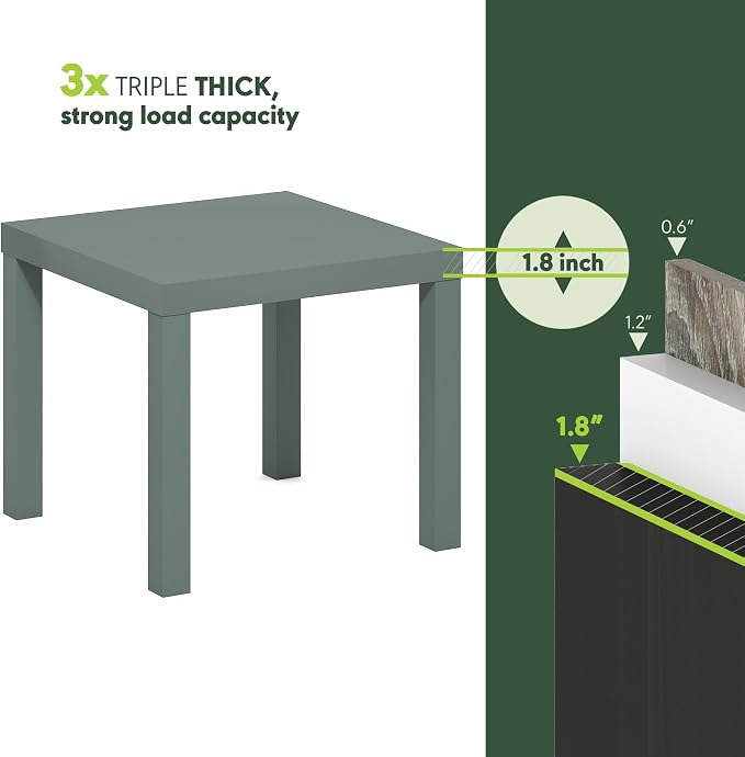 Furinno Classic Toolless Assembly Square Side Table, Green End Table with 1.8 Thick Tabletop, Night Stand, Bedside Table, for Living Room, Bedroom, Light Sage