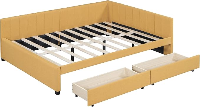 Merax Full Size Upholstered Daybed with 2 Storage Drawers, Wooden Sofa Bed Frame for Bedroom Guest Room, No Box Spring Needed