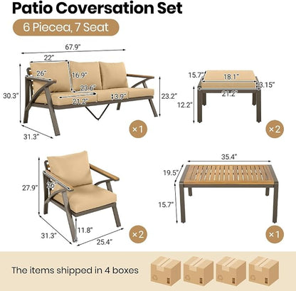6-Piece Outdoor Patio Furniture Set, Steel Frame Sofa Set with 3-Seat Couch, 2 Armchairs, 2 Ottomans Coffee Table, Cushioned Seating for Backyard, Garden, Poolside, Brown Cushion