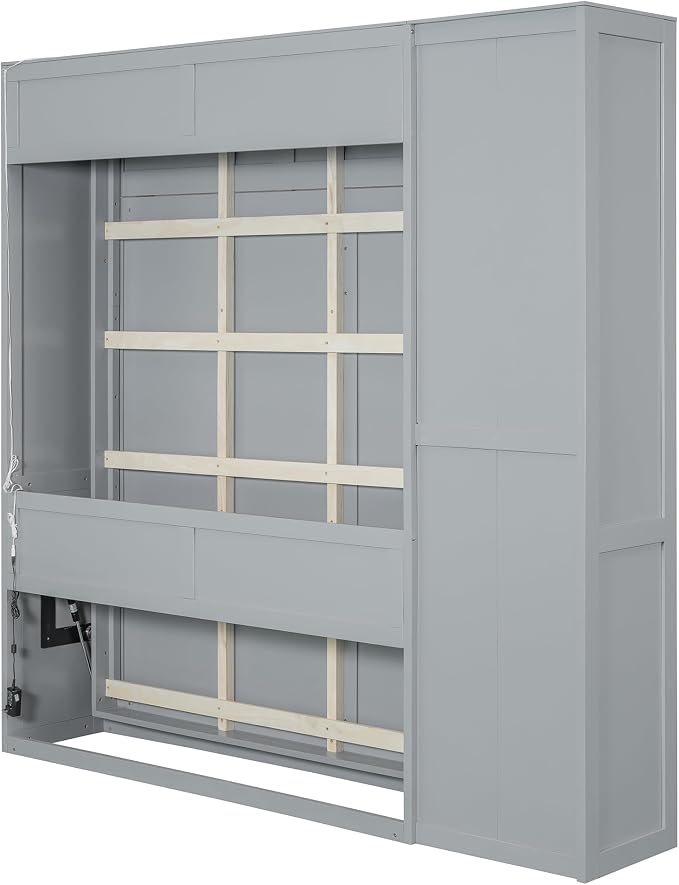 Merax Full Size Murphy Bed Wall Bed with Shelves, Drawers and LED Lights,Gray