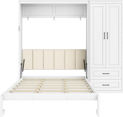 Merax Farmhouse Multi-Functional Murphy Bed with Wardrobe & Drawers,White | Queen Size Foldable Wall Platform Bed Upholstered Headboard for Guest-Room, Bedroom/ Space Saving