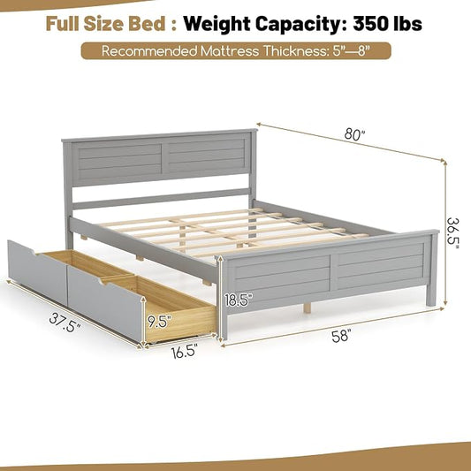 GOFLAME Full Size Bed Frame with 2 Drawers, Platform Bed with Solid Wood Headboard & Footboard, Wood Slats Support Mattress Foundation, Under Bed Storage, No Box Spring Needed, Easy Assembly, Grey