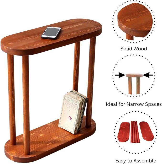 Oval Solid Wood Narrow Side Table, Slim Small Pedestal Coffee Table for Living Room, Modern Minimalist Design for Small Spaces, Recliner Drink Table (Chestnut, Medium)
