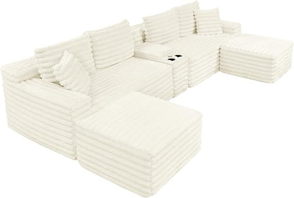 127" U-Shaped Symmetrical Cloud Sectional Couch Oversized Modular Compressed Boneless Sectional Sofa with Ottoman Chaise Lounges & Console, Fluffy Corduroy Corner Foam Sofa