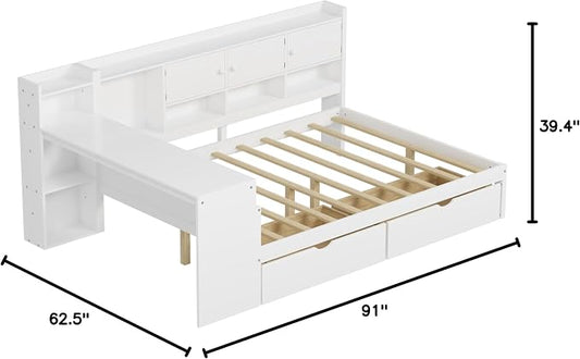 Bellemave Full Corner Bed Frame, Full Size Corner Beds with Storage Cabinets and Desk, Wood Daybed with Bookcase and Drawers, White