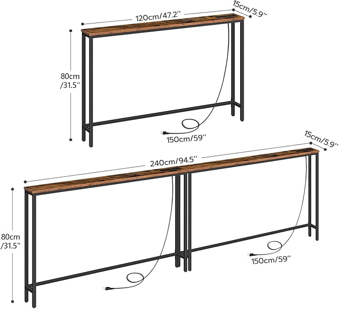 HOOBRO 2 Pack 5.9" Narrow Console Table with Power Outlets, 47.2" Behind Couch Table with Charging Station, Long Sofa Side Table, Skinny Entryway Table for Living Room, Rustic Brown BF15XGP201G1
