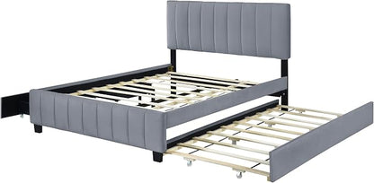Merax Queen Size Upholstered Platform Bed with 2 Drawers and 1 Twin XL Trundle, Grey Wooden Bed Frame, No Box Spring Need