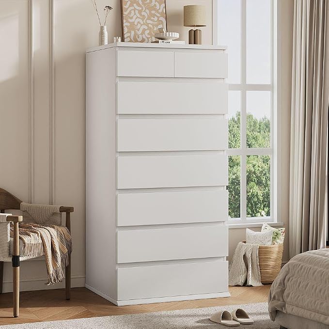 Jocoevol White Tall 8 Drawer Dresser for Bedroom,Dressers & Chests of Drawers with Jewelry Storage,Wood Storage Dresser with Deep Drawers for Living Room Hallway Entryway(55.3" L*23.6" W*15.7")