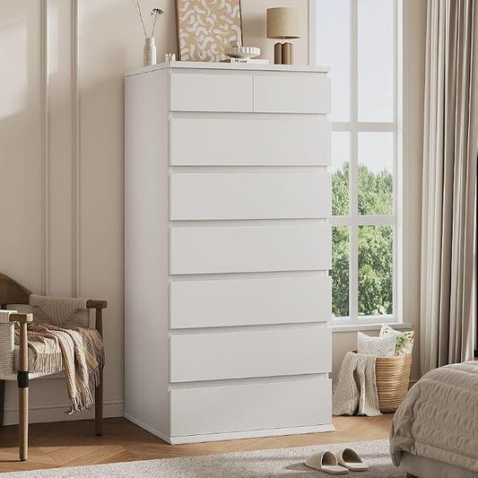 Jocoevol White Tall 8 Drawer Dresser for Bedroom,Dressers & Chests of Drawers with Jewelry Storage,Wood Storage Dresser with Deep Drawers for Living Room Hallway Entryway(55.3" L*23.6" W*15.7")