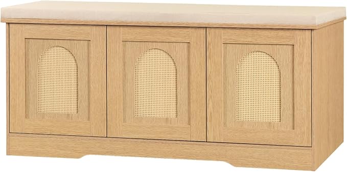 DINZI LVJ Shoe Bench, Entryway Storage Bench with Doors, Cushion, 2-Tier Shoe Rack with 6-Cubby, 39.4”L x 13.8”W Shoe Organizer Cabinet, Adjustable Shelf, Living Room, Bedroom, Natural with Rattan