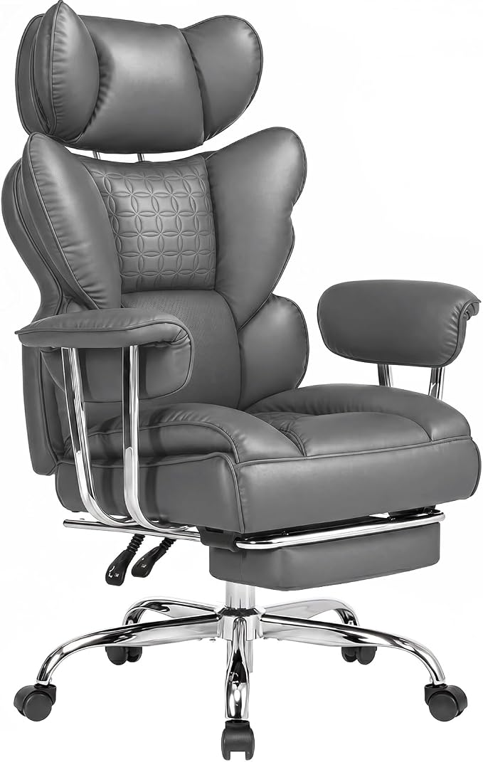 DUMOS Big and Tall Office Chair 400 LBS, Scratch-Resistant PU Leather Executive Office Desk Chair with Footrest, Ergonomic Reclining Computer Chairs with Pocket Spring Support, Grey