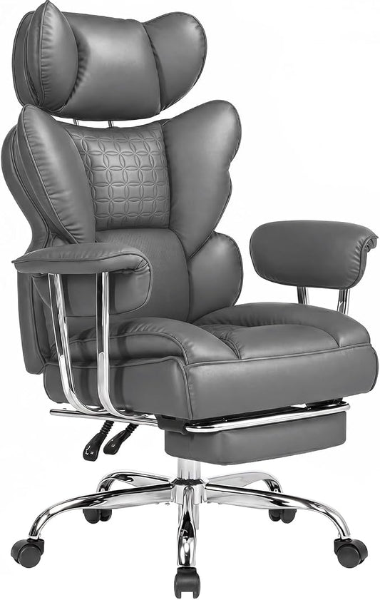 DUMOS Big and Tall Office Chair 400 LBS, Scratch-Resistant PU Leather Executive Office Desk Chair with Footrest, Ergonomic Reclining Computer Chairs with Pocket Spring Support, Grey