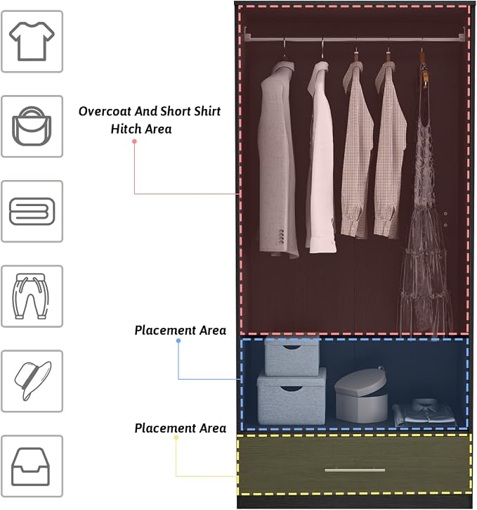 Wardrobe Armoire Closet with 2 Doors, Freestanding Wardrobe Cabinet with Drawer & Hanging Rod, Bedroom Armoire Clothes Organizer, Type C Black (31.5" W x 18.9" D x 66.9" H)