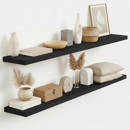 Vivelove 48 Inch Floating Shelves, Deep Wall Shelves with Invisible Brackets, Display Shlf for Bathroom Living Room Kitchen Bedroom Office Farmhouse Home Decor, 48" X 9.3" X 1.5" - Set of 2, Black