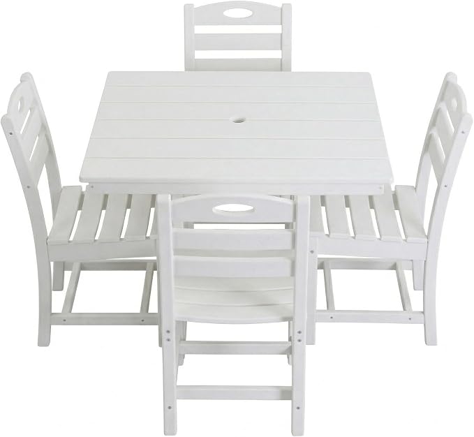 Elountik Outdoor Dining Set for 4, 5-Piece White HDPE Patio Furniture with Square Table and Chairs, Umbrella Hole